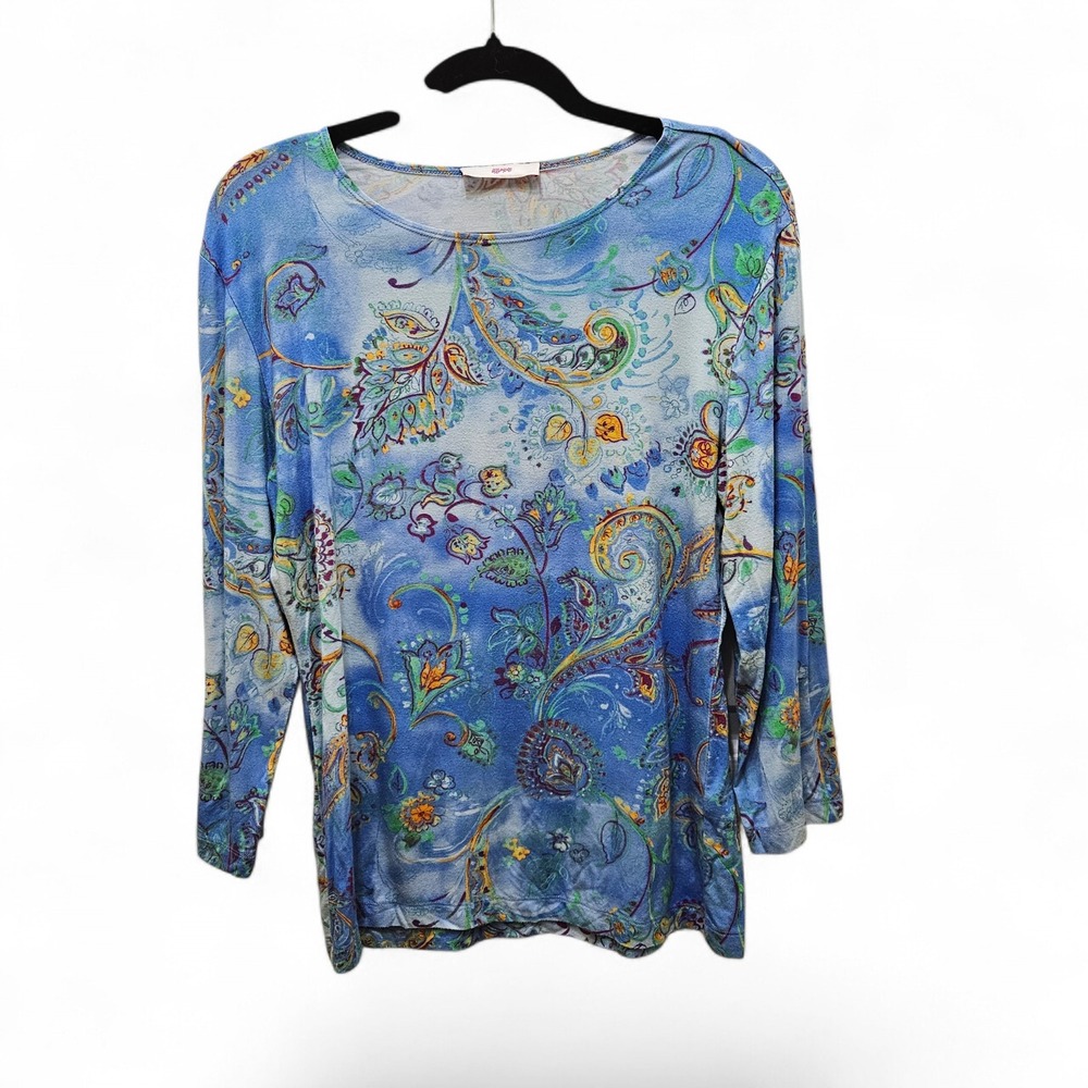 Leggiadro Blue Paisley Floral 3/4 Sleeve Viscose Tee Top Size‎ 3 Made in USA